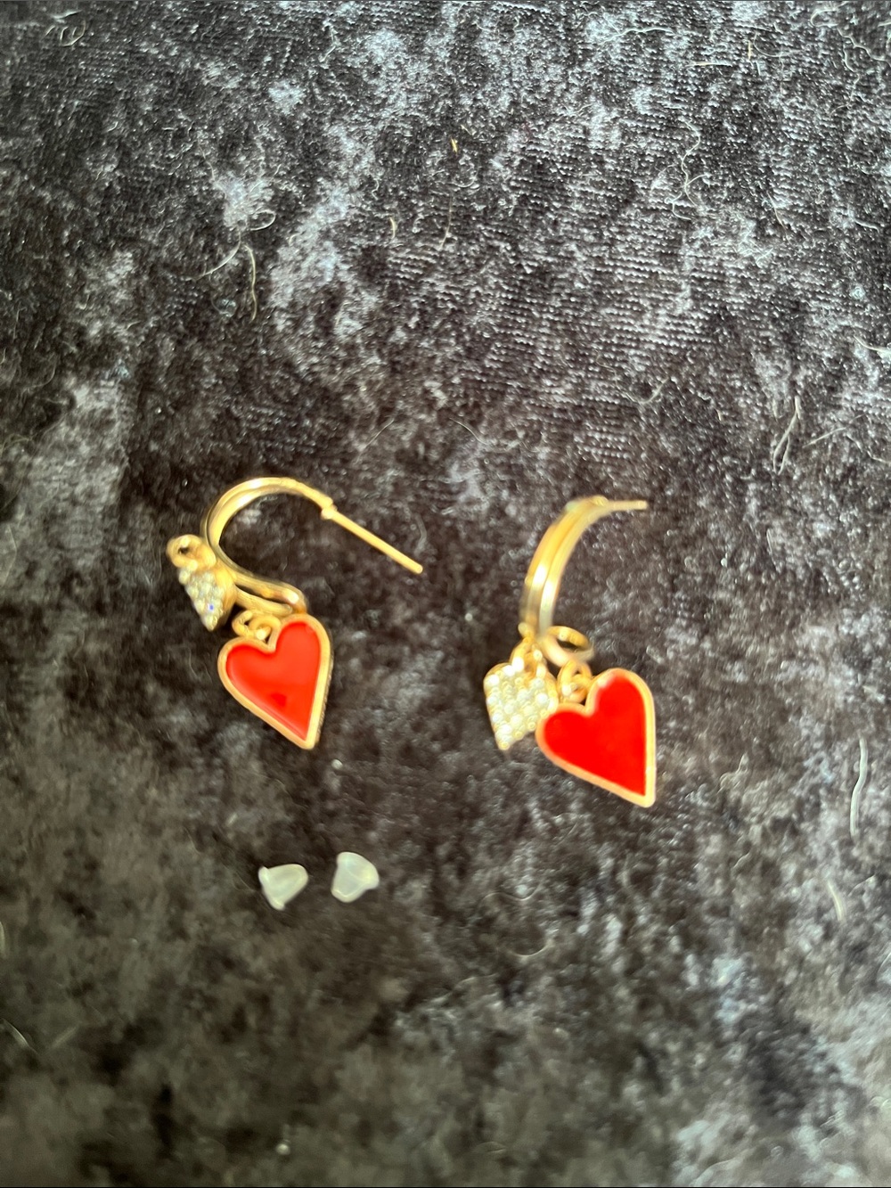 Red Enamel Double Heart Dangle Hoop Earrings Gold Tone CZ